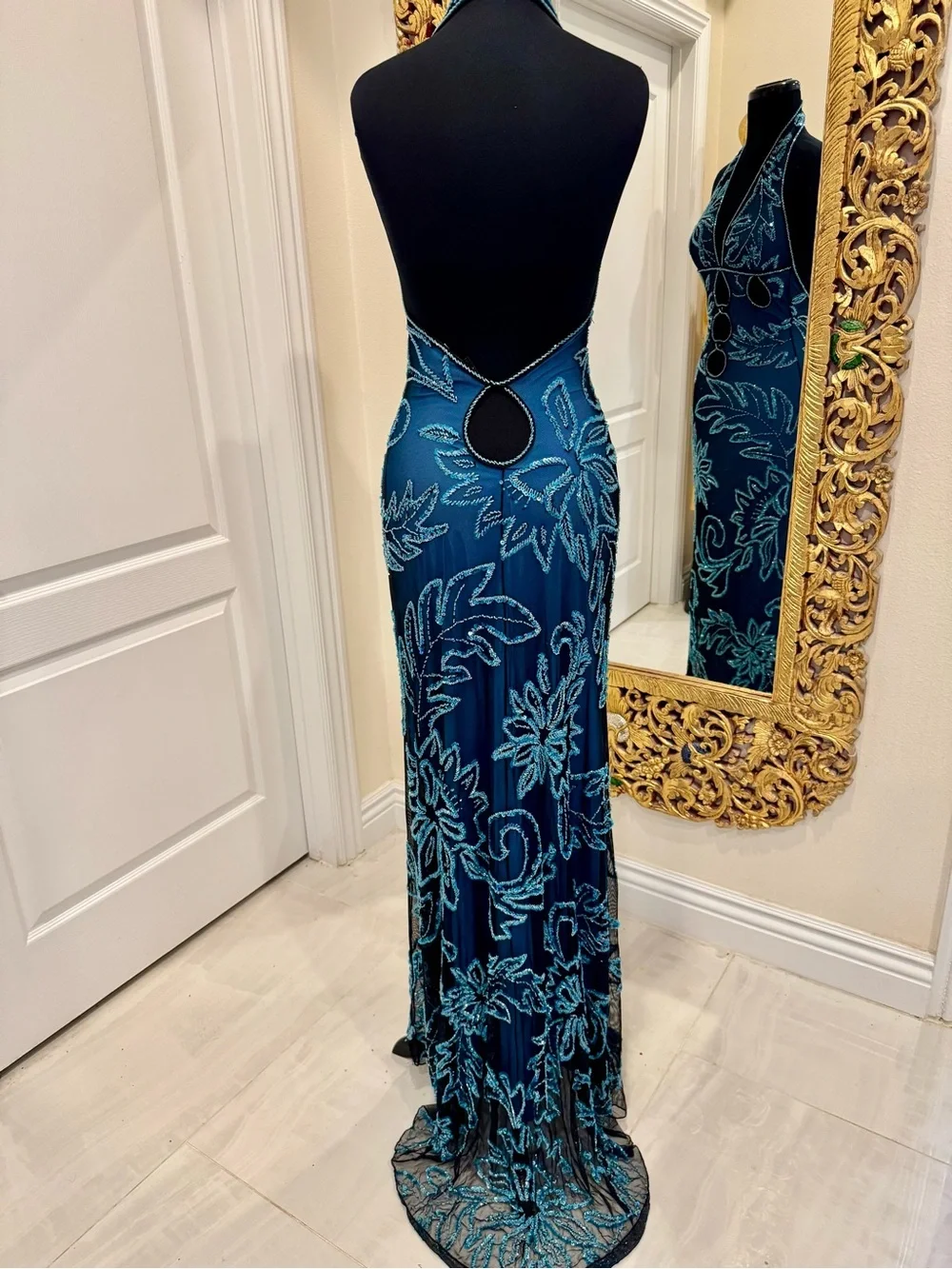 Elegant blue lining‎ w/black net overlay hand beaded Halter Evening Gown stretch